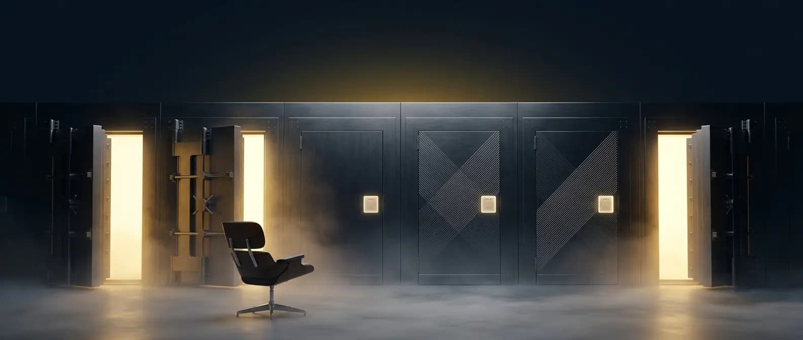 Une rangée de portes de coffre-fort, la plupart ouvertes sur une lumière chaude, deux restées closes ; un fauteuil vide leur fait face.