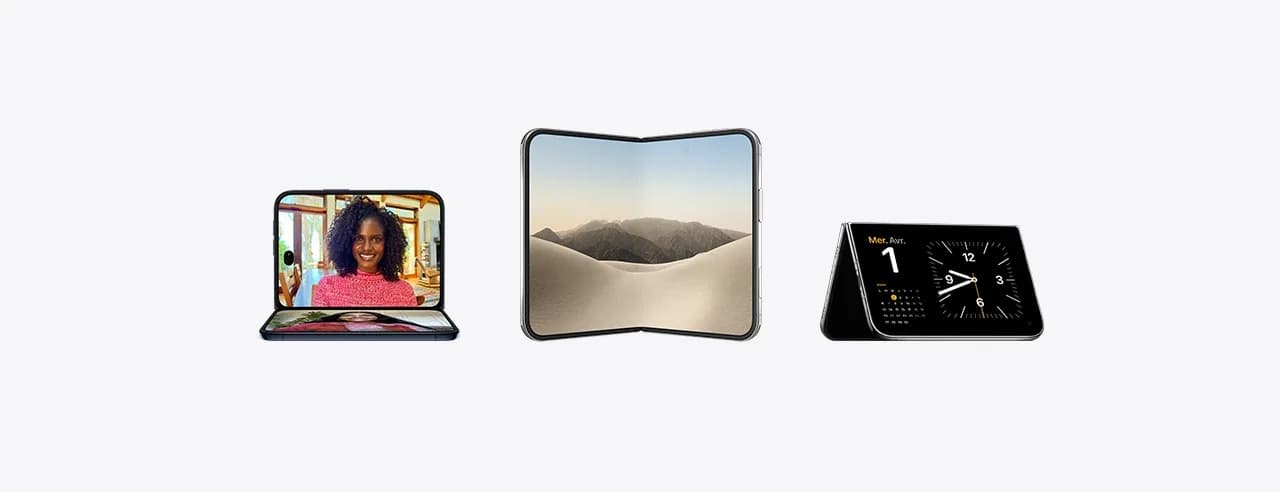 Trois positions de l'iPhone Duo : ouvert à angle droit comme un ordinateur portable pour un appel vidéo, ouvert à plat, et posé en tente avec une horloge sur l'écran externe.