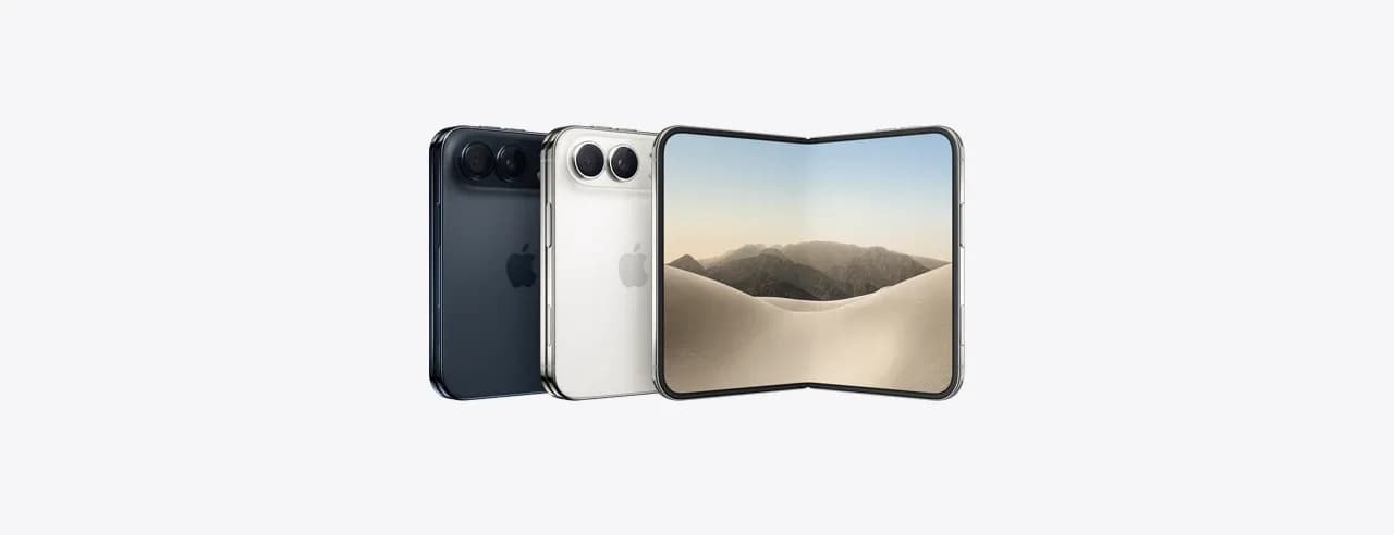 Deux iPhone Duo fermés, vus de dos, l'un sombre et l'autre clair, devant un troisième ouvert à plat.