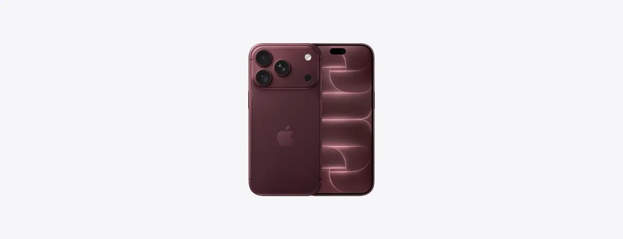 iPhone 18 Pro en finition Bordeaux, dos et face avant avec l'écran allumé.