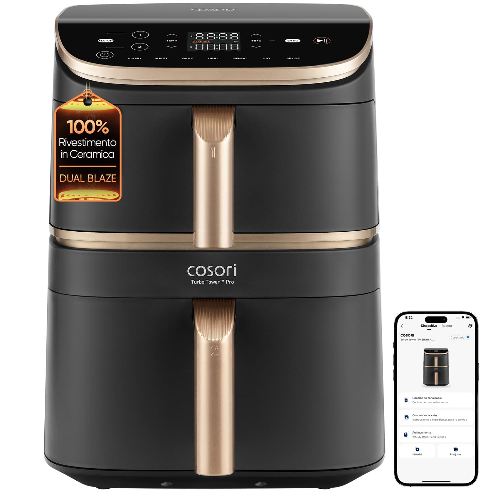 Cosori Turbo Tower Pro Smart Chef Edition 10,8 L 10,8 L (6,5 L + 4,3 L superposés) / 2630 W / noir / Wi-Fi